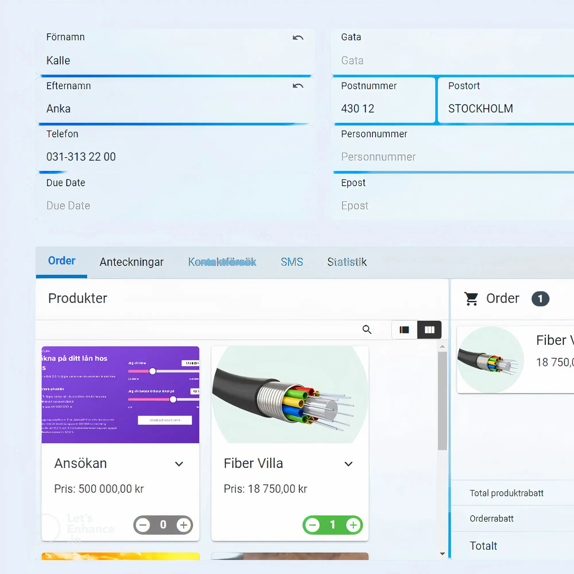 Kundkort i Callmakers dialer med kontaktuppgifter och historik