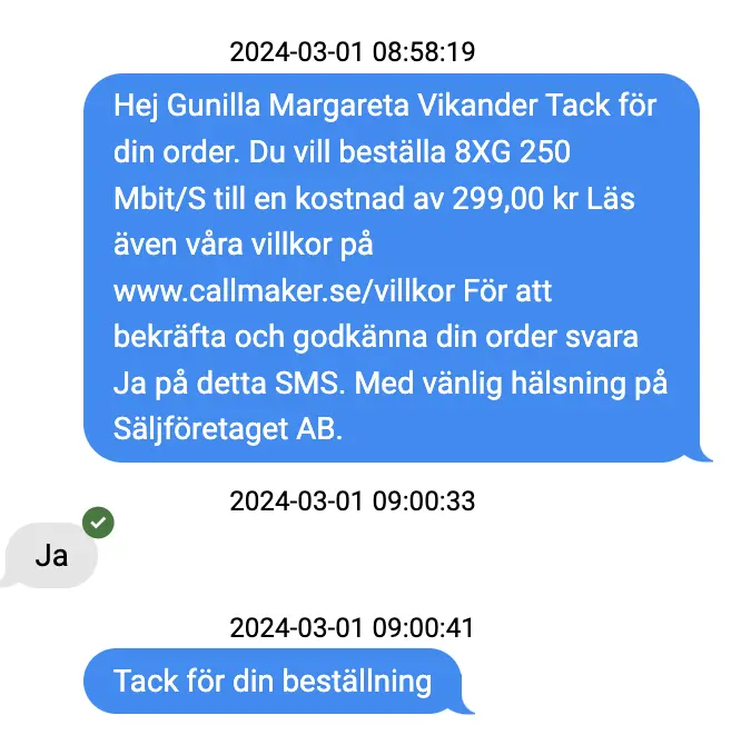 SMS-konversation för skriftligt godkännande
